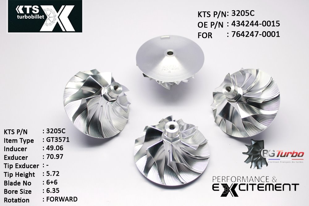 Turbo ROUE FORGÉE MFS PERFORMANCE - 6+6 PALES - INDUCER : 49,06 - EXDUCER : 70,97 - TYPE : GT3571ANGLE : 60° - ROTATION : Forward - SUPER BACK : 4,75 - BORE SIZE : 6,35
